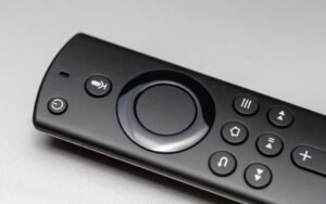Close-up of a black streaming remote control