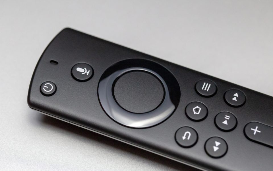 Close-up of a black streaming remote control