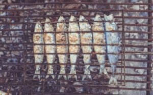 Row of whole sardines on a grill rack