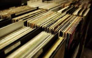 Crates of second-hand vinyl records in a record shop